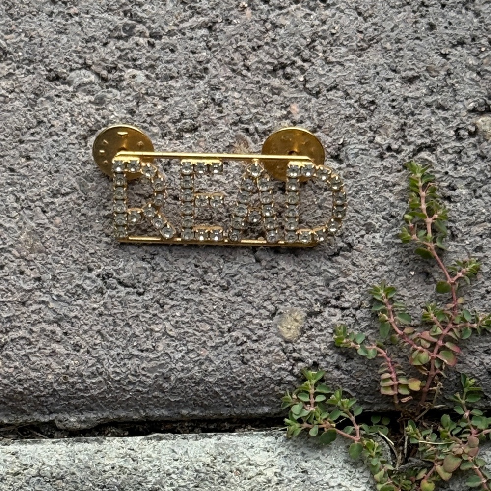 Vintage Gold and Crystal READ Brooch